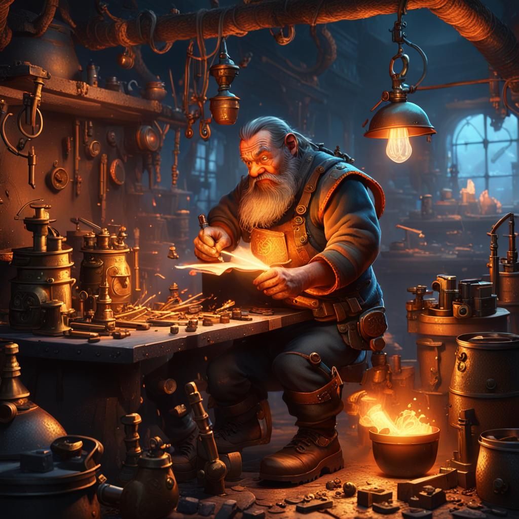 Dwarf Craftsman Writes Metal Letter in Fantasy Workshop