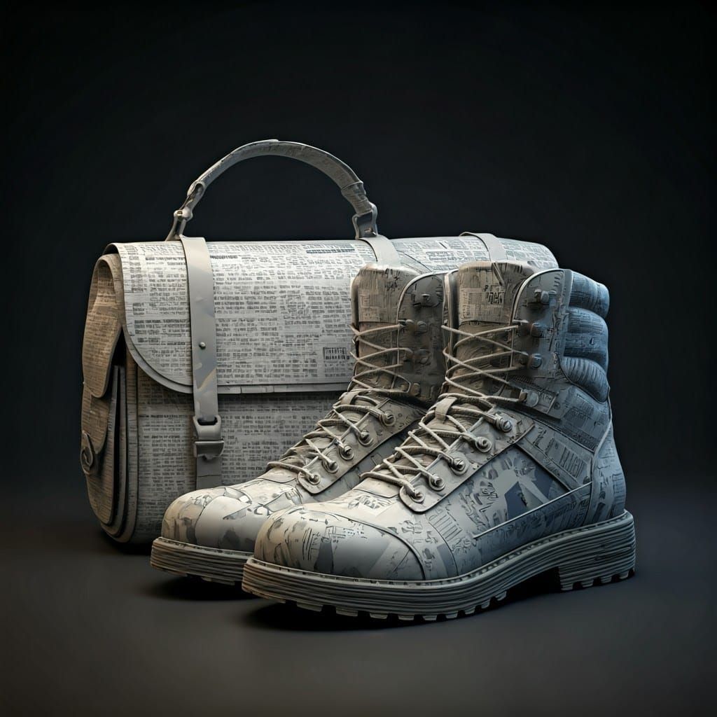 Layered Newspaper Hiking Boots and Bag in Hyper-Realistic An...