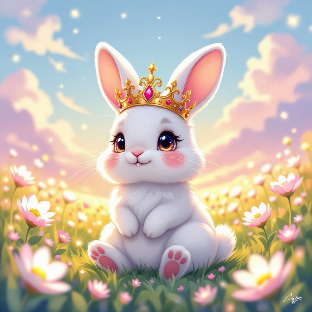 Fluffy Rabbit with Golden Crown in Magical Flower Field