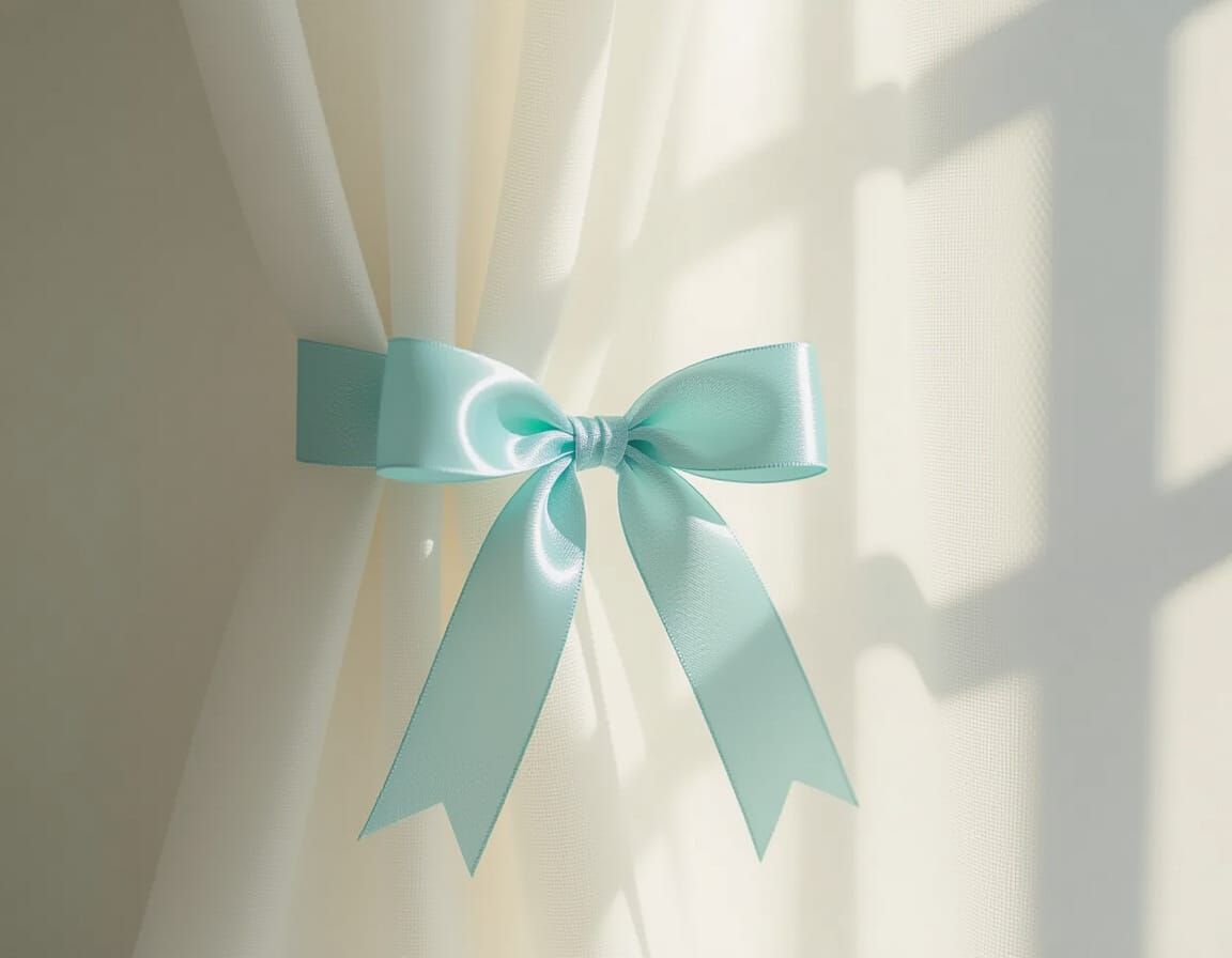 Elegant Blue Ribbon Bow on White Sheer Curtain