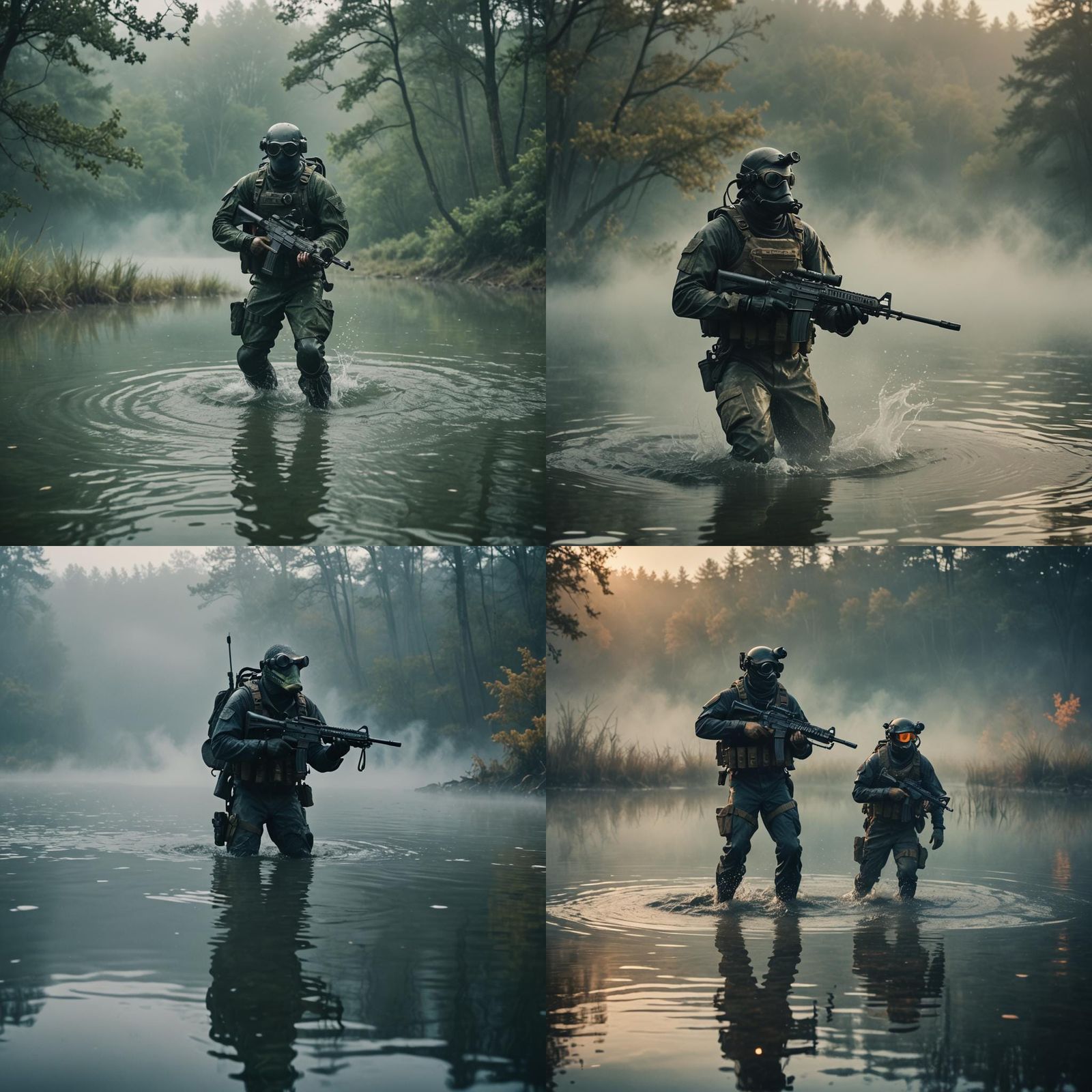 Frogman Soldier Emerges from Lake: Cinematic Still