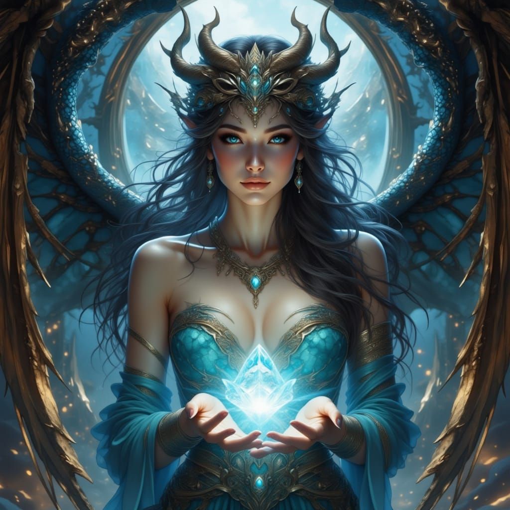 Dragon mystical woman enchanting a crystal