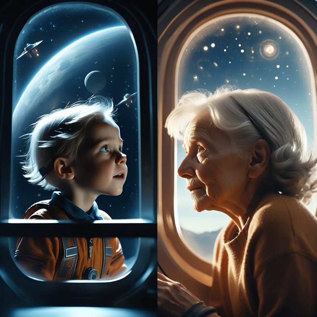 Child Astronaut and Elderly Astronomer: A Split Image