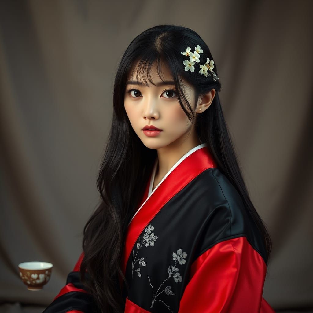 Elegant Korean Woman in Hanbok, Softly Lit Studio Portrait
