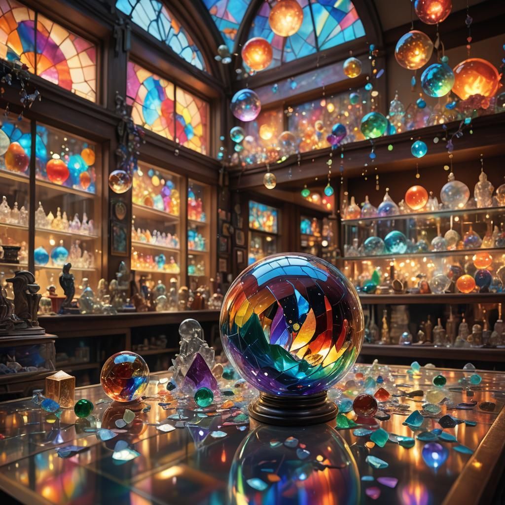 Glowing Orb Bouncing in Mystical Glass Shop