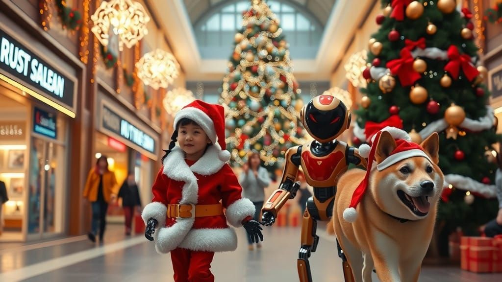 Holiday Magic: Asian Girl and AI Robot in Festive Christmas...
