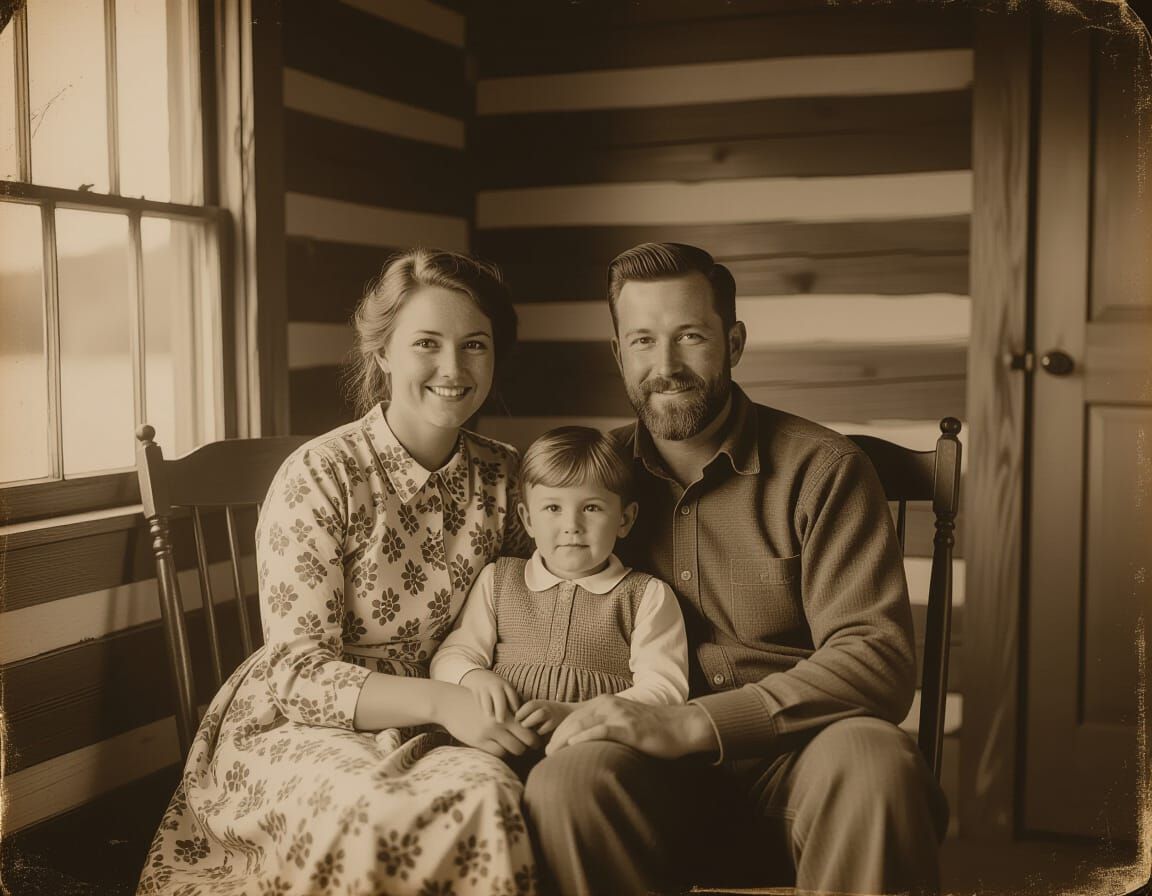 Happy Family in Vintage Sepia Photograph
