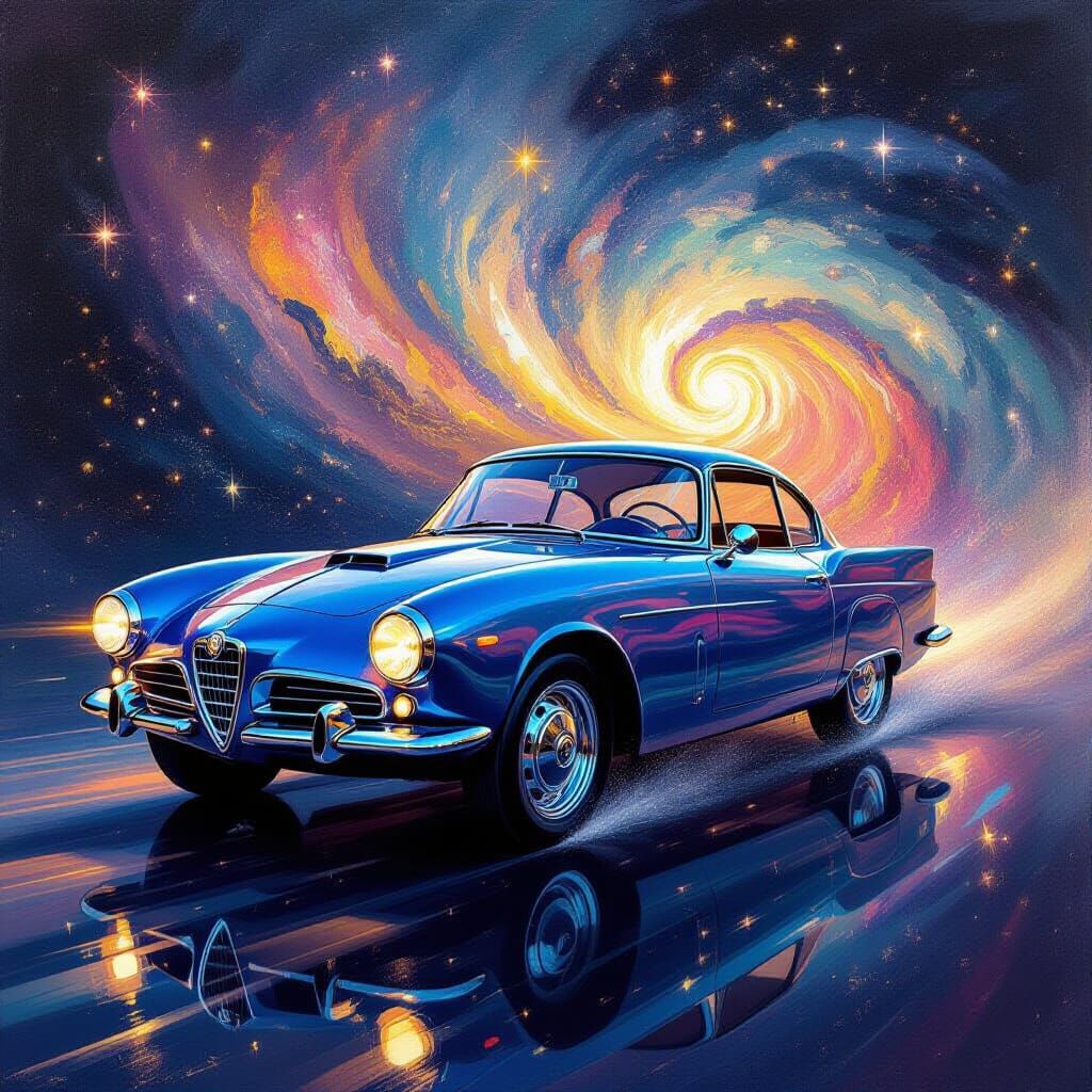 Celestial Alfa Romeo Chariot in Nebula, Impressionist Style