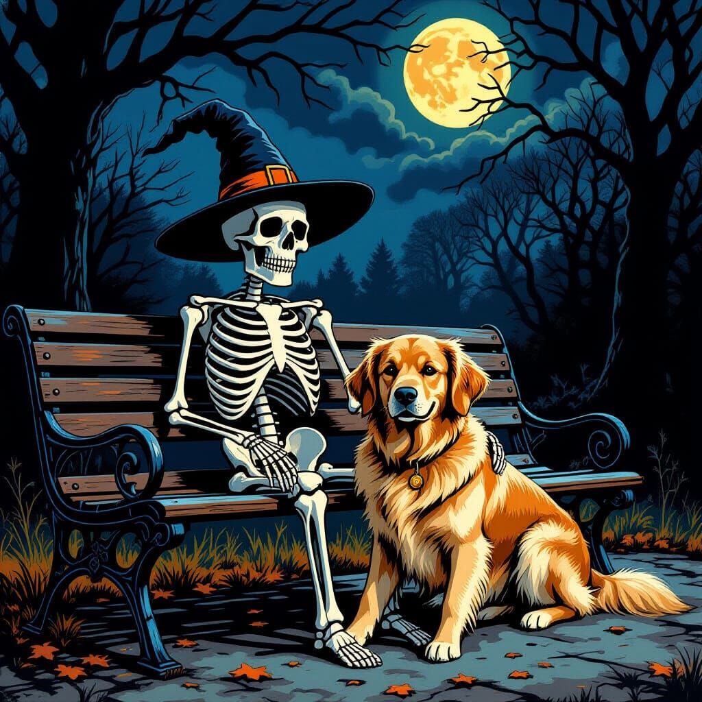 Skeleton and Dog on Halloween Night in Comic Style