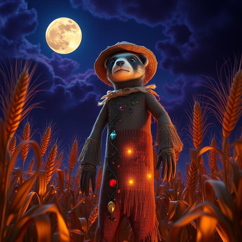 Mystical Ferret Scarecrow in Moonlit Cornfield