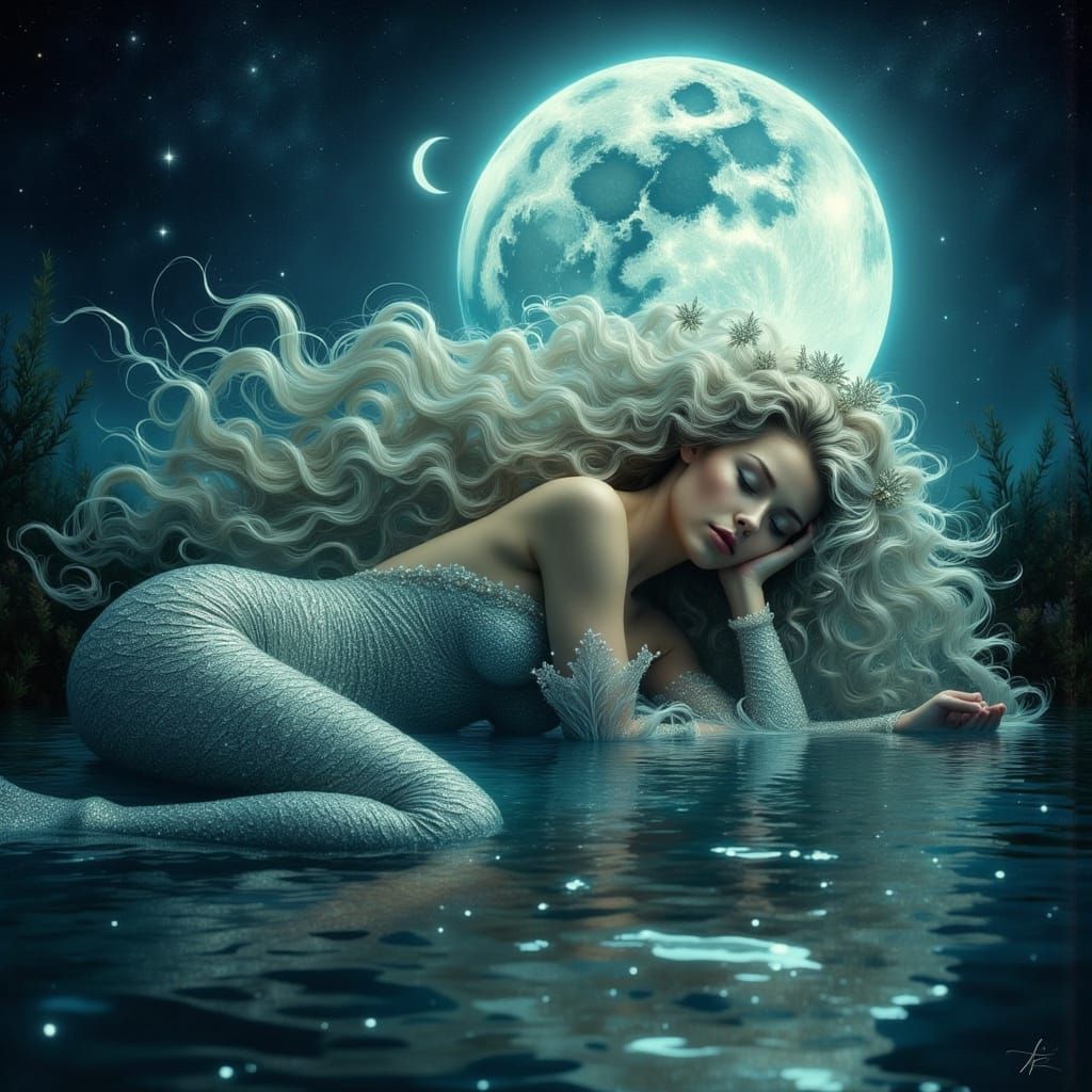 Ornate Mermaid Asleep Under Underwater Moon