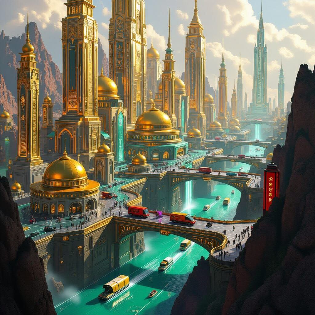 Futuristic Cityscape: Stadium, Labyrinth, and Caverns