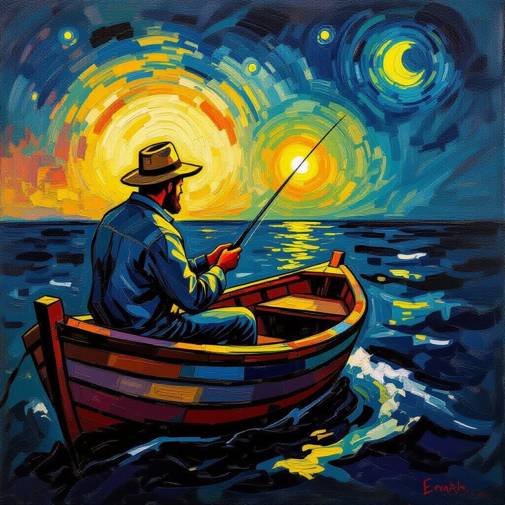 Fisherman at Night: A Neo-Impressionistic Ocean Scene
