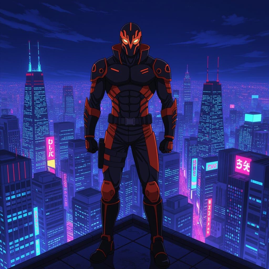 Anime Warrior on Skyscraper Rooftop Over Neon City
