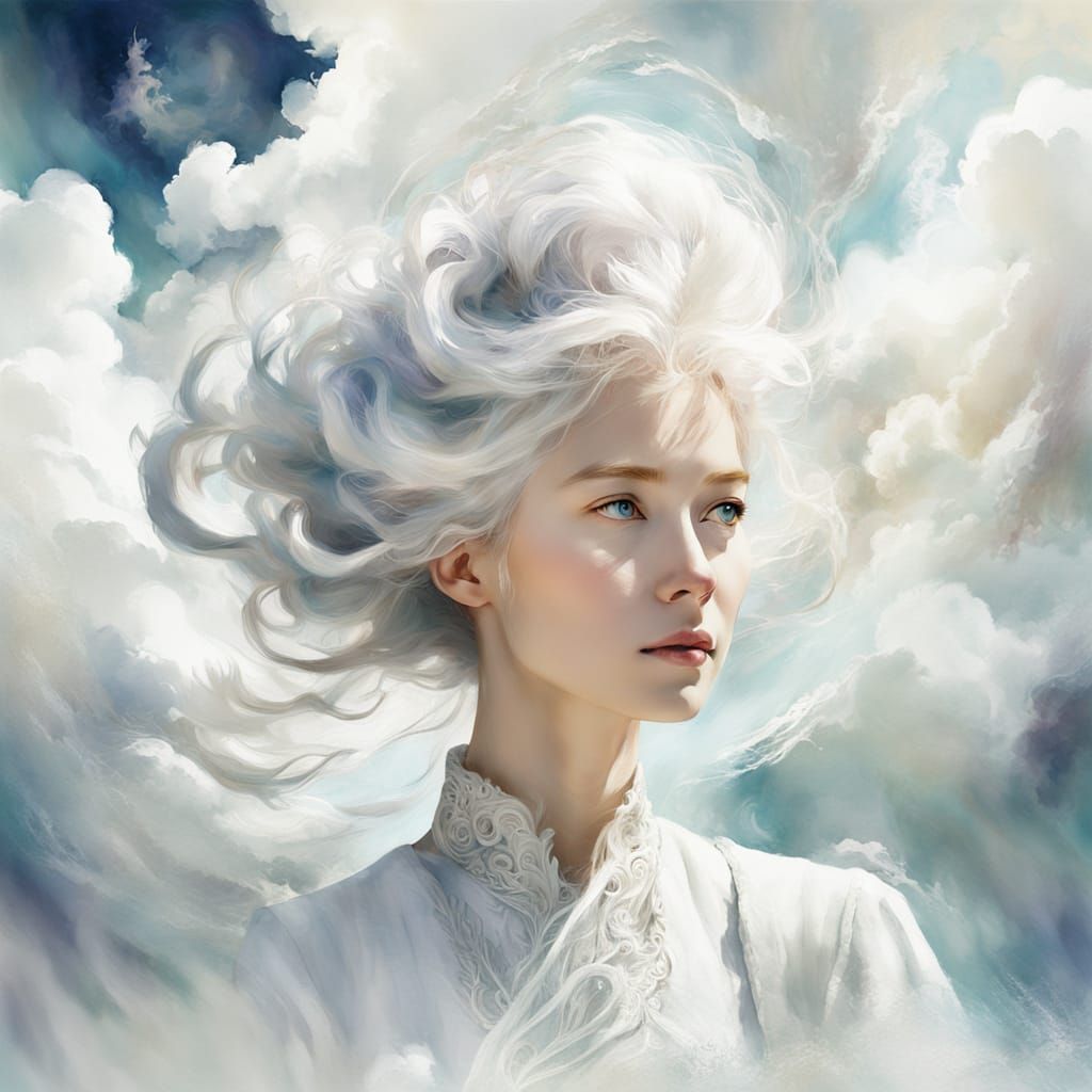 Woman with Cloud Hair in Impressionist Watercolor Style