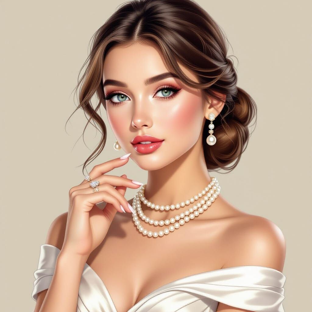 Elegant Girl with Pearl Jewelry in Realistic Style