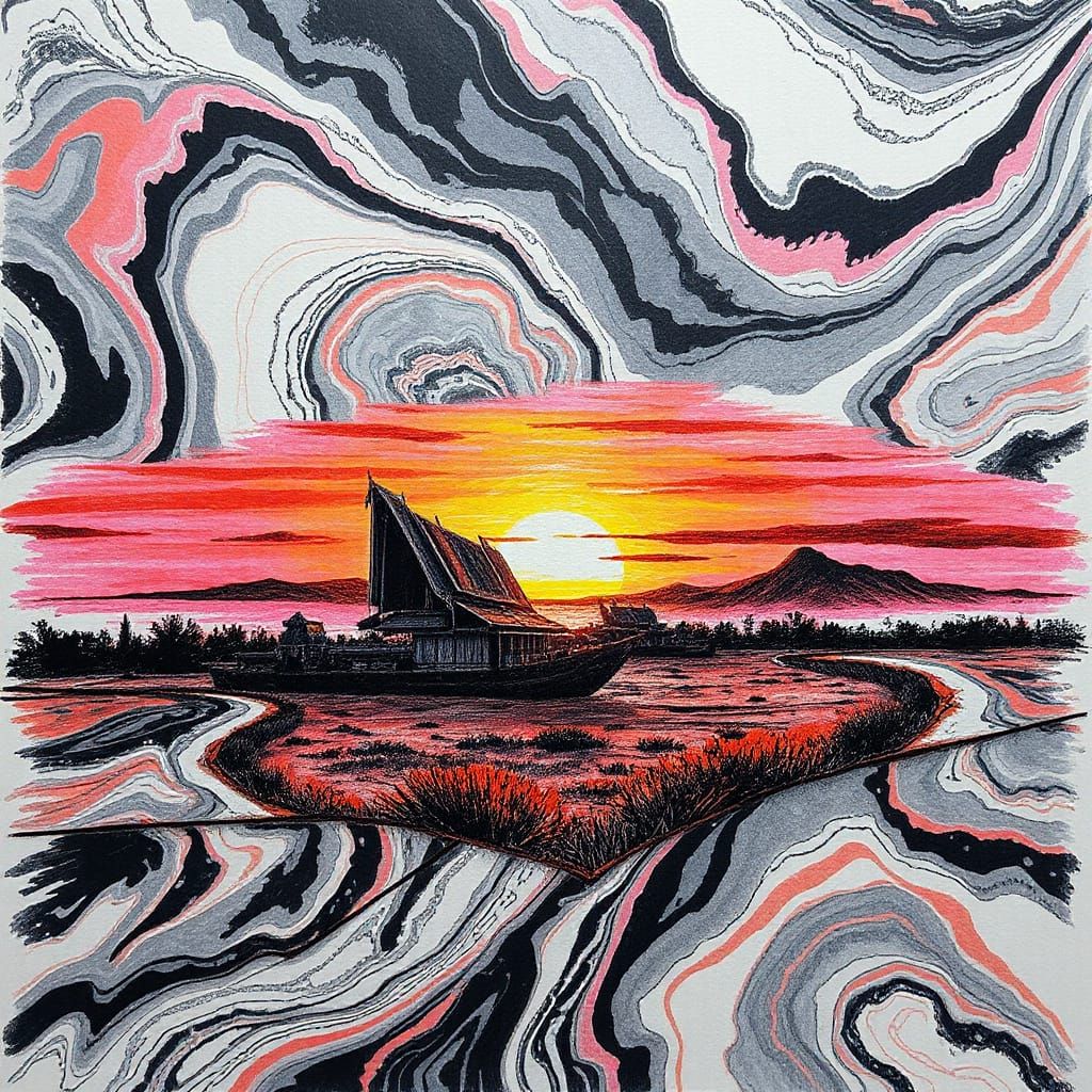 Vibrant Thai Sunset in Pencil Sketch Style