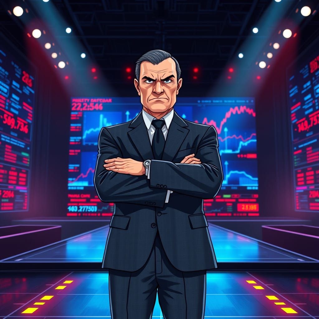 Confident Trader Exudes Annoyance on LED-Lit Stage