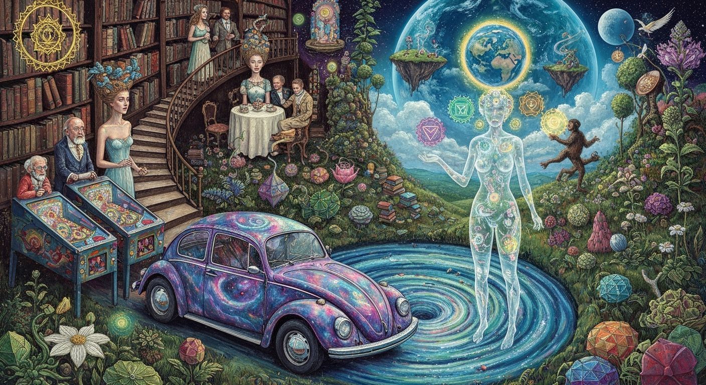 Cosmic Beetle Drives Through Dreamlike Impasto Landscape