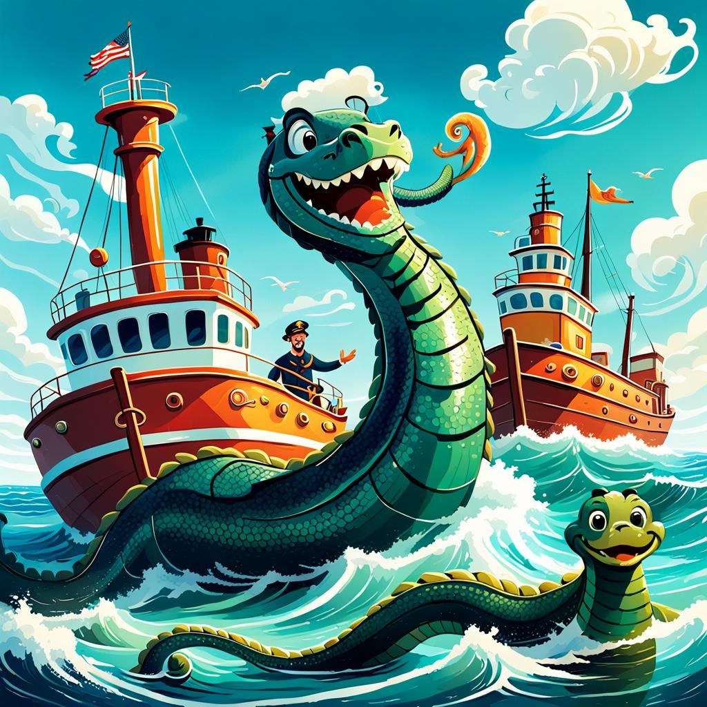 Whimsical Sea Serpent and Tugboat Illustration
