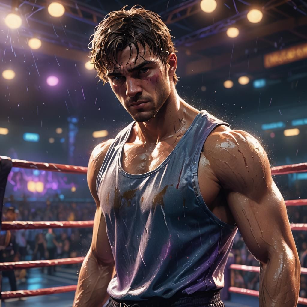 Boxer in Ring with Dramatic Lighting, Dark Fantasy Art
