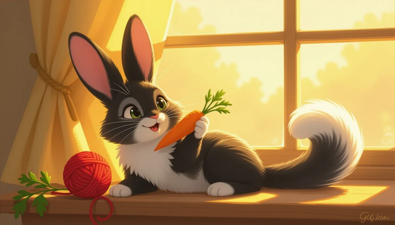 Whimsical Cabbit Enjoys Sunny Window Ledge