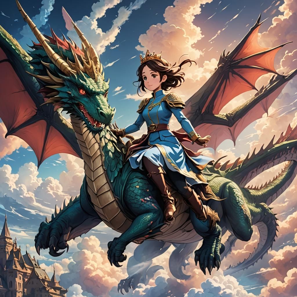 Anime Princess on Dragon in Cel-Shaded Sky