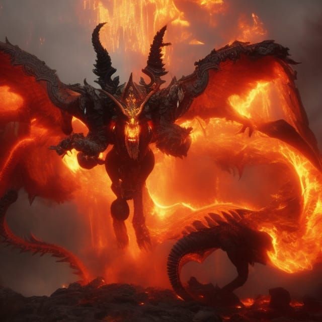 Infernal Balrog Wields Fiery Sword in Flames