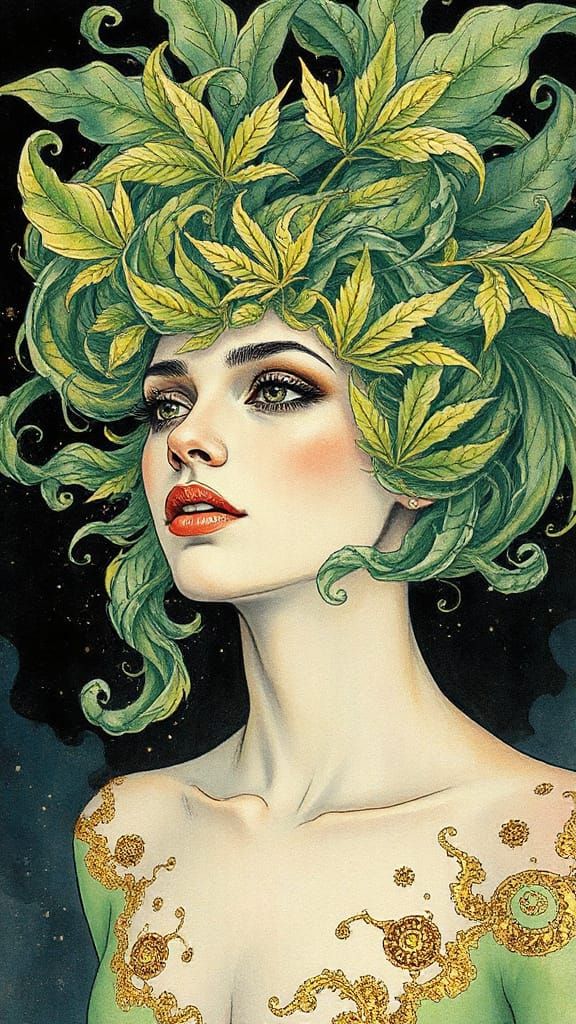 Surreal Portrait with Cannabis Smoke Hair in Art Nouveau Sty...