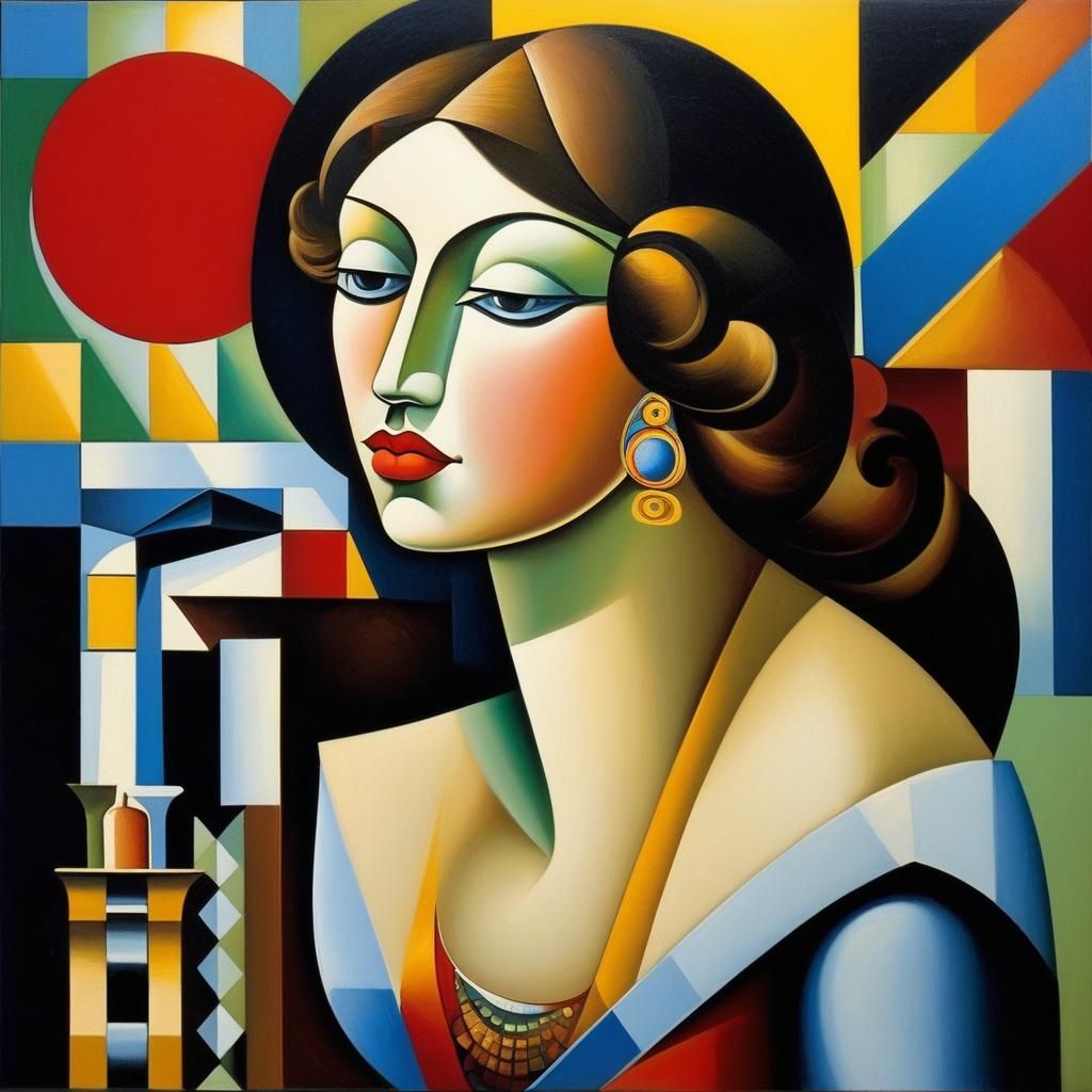 Cubist Portrait with Ornate Tiles and Pastels