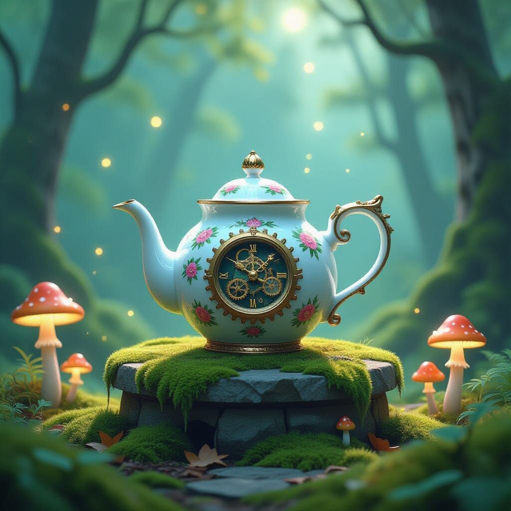 Enchanted Teapot in Forest Clearing, Painterly Style