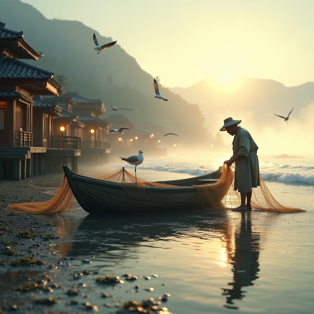 Serene Japanese Fishing Village at Dawn