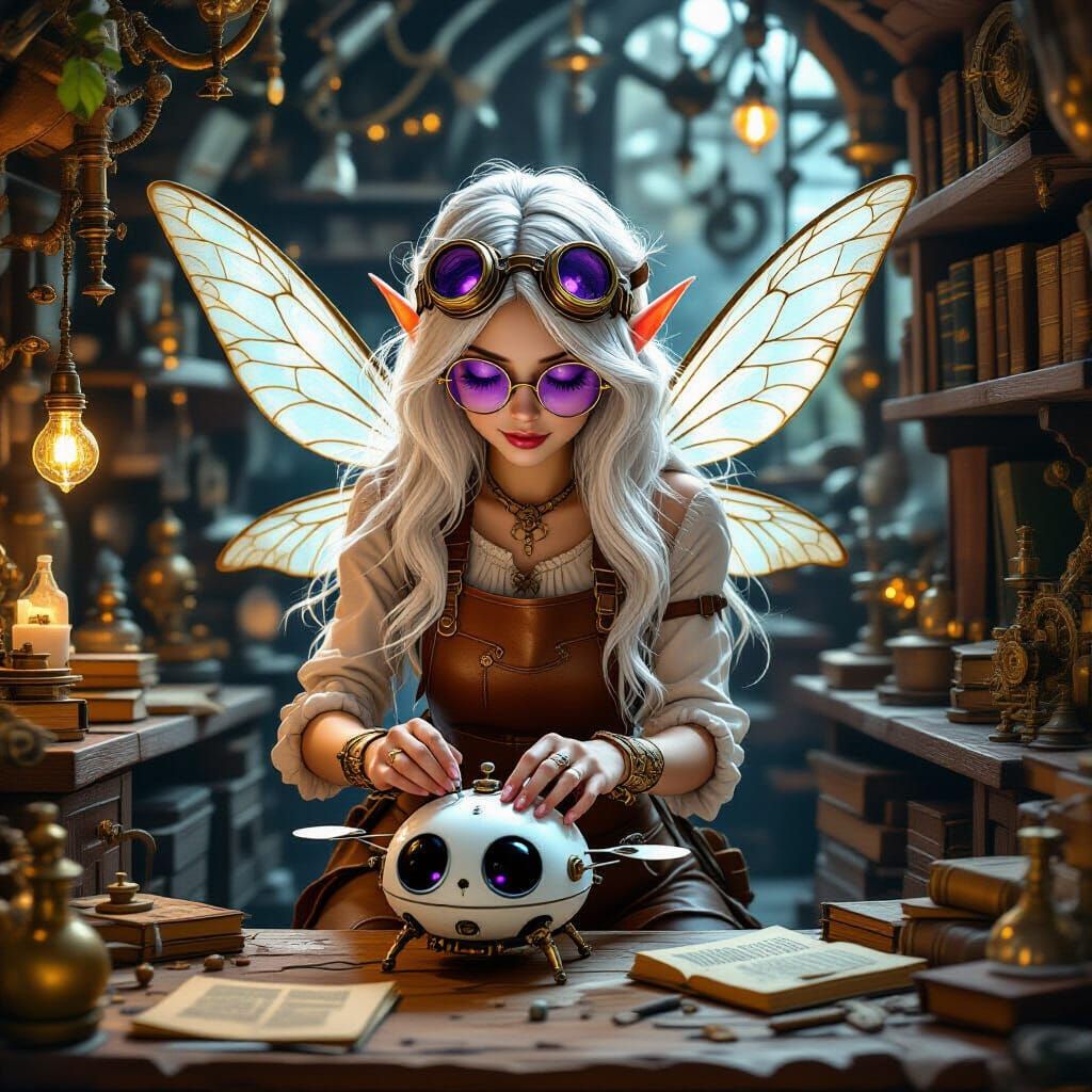 Whimsical Steampunk Fairy Repairs Drone in Cozy Workshop