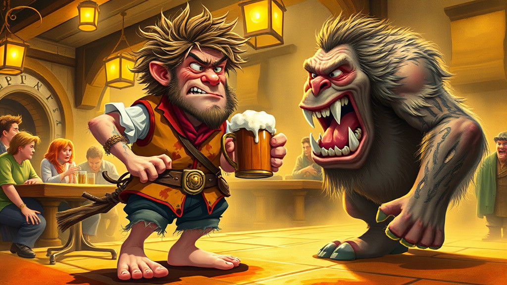 Hobbit Confronts Troll in Tavern, Cartoon Style