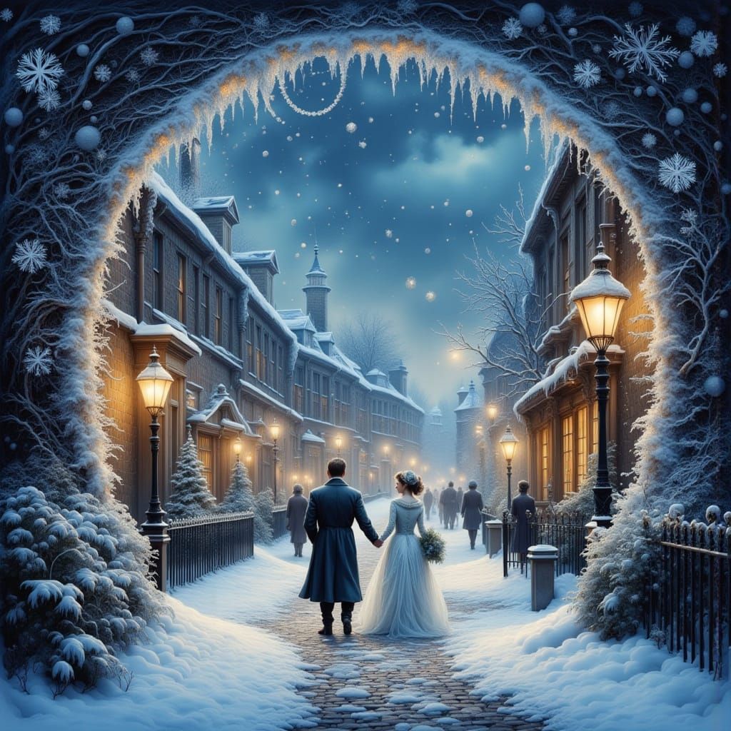 Victorian London Winter Night Under Snowy Arch