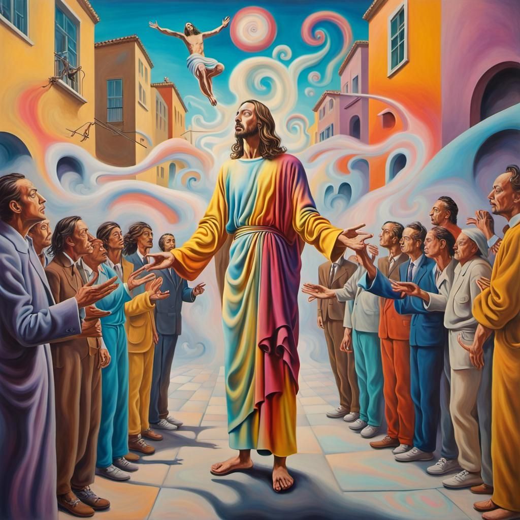 Psychedelic Jesus Preaching in Surreal Street Scene