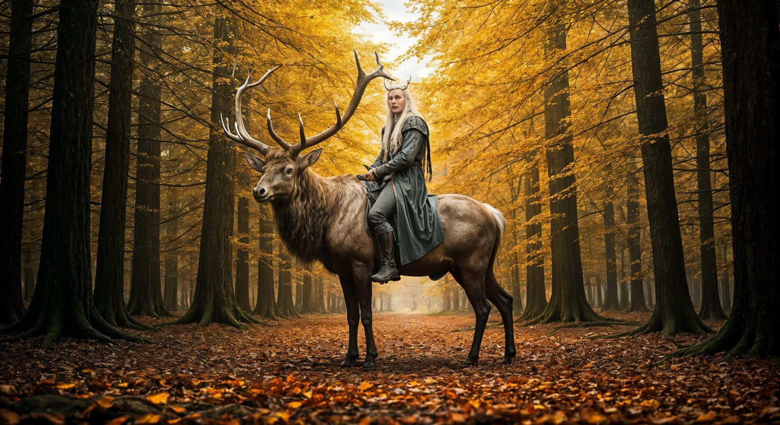 Autumn In Middle Earth, Thranduil, the elf king riding a gia...
