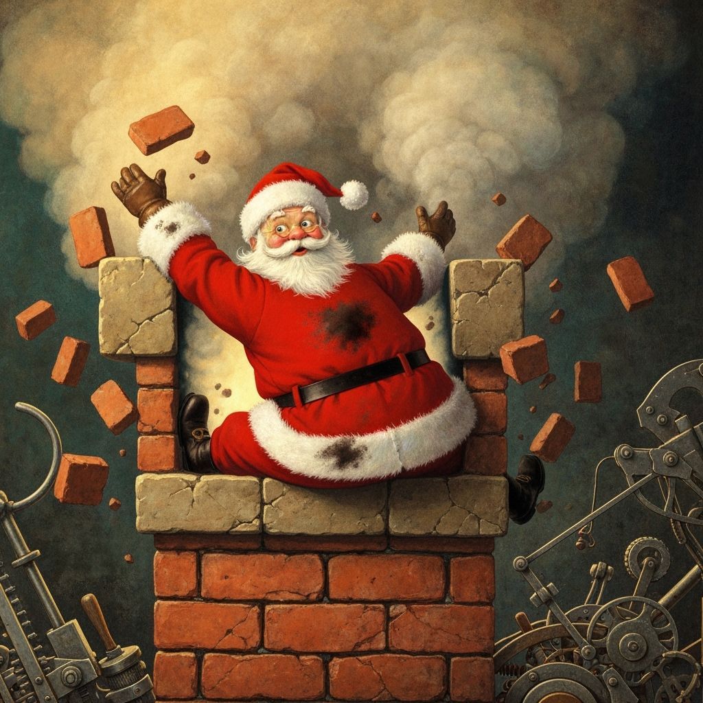 Santa Stuck in Chimney, Whimsical Illustration