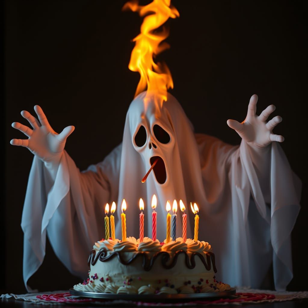 Burning Ghost Blowing Out Birthday Candles