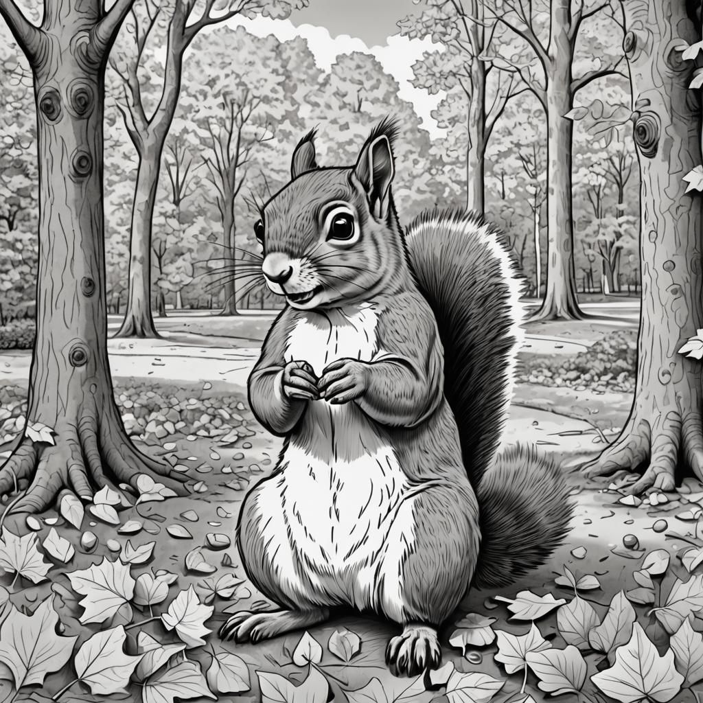 Cute Squirrel Coloring Page with Autumnal Scene