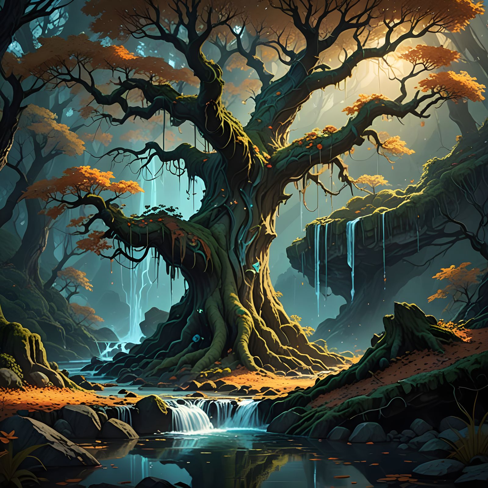 Ancient Tree With Glowing Waterfalls and Crystal Leaves
