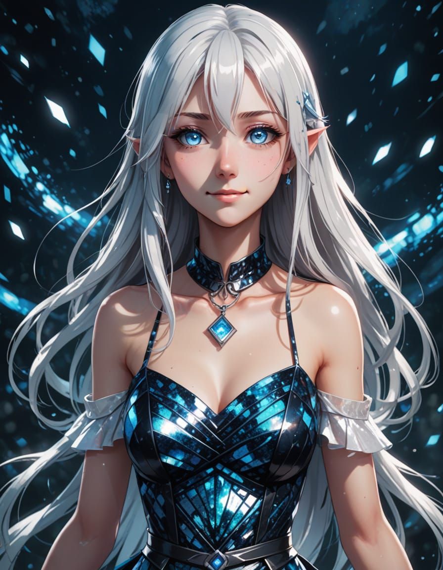 Mystical Girl in Shimmering Dress, Anime Style