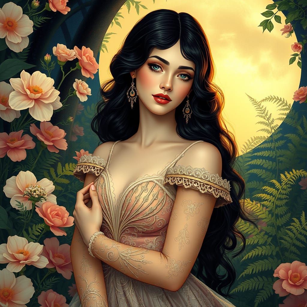 Ethereal Art Nouveau Goddess in a Dreamy Moonlit Garden