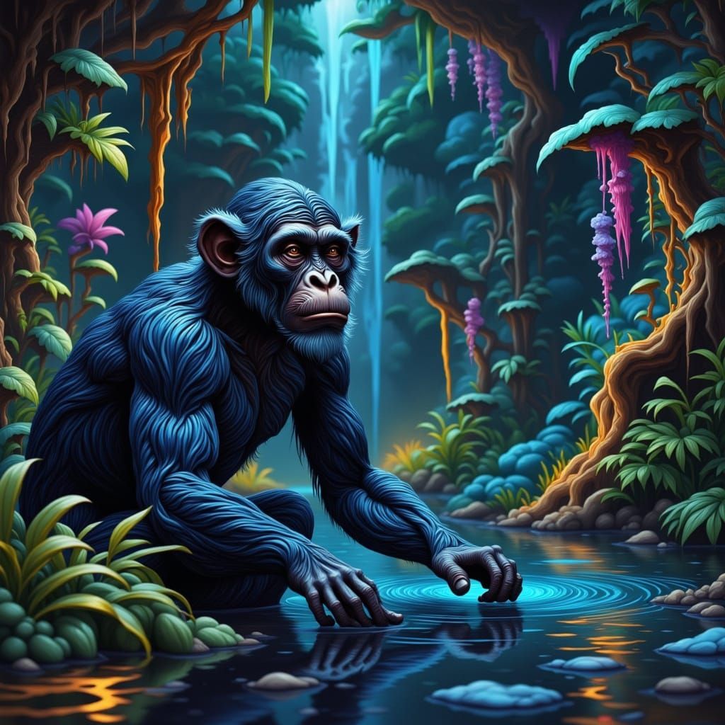 Vibrant Dreamscape with Swirling Neon Jungle and Mischievous...