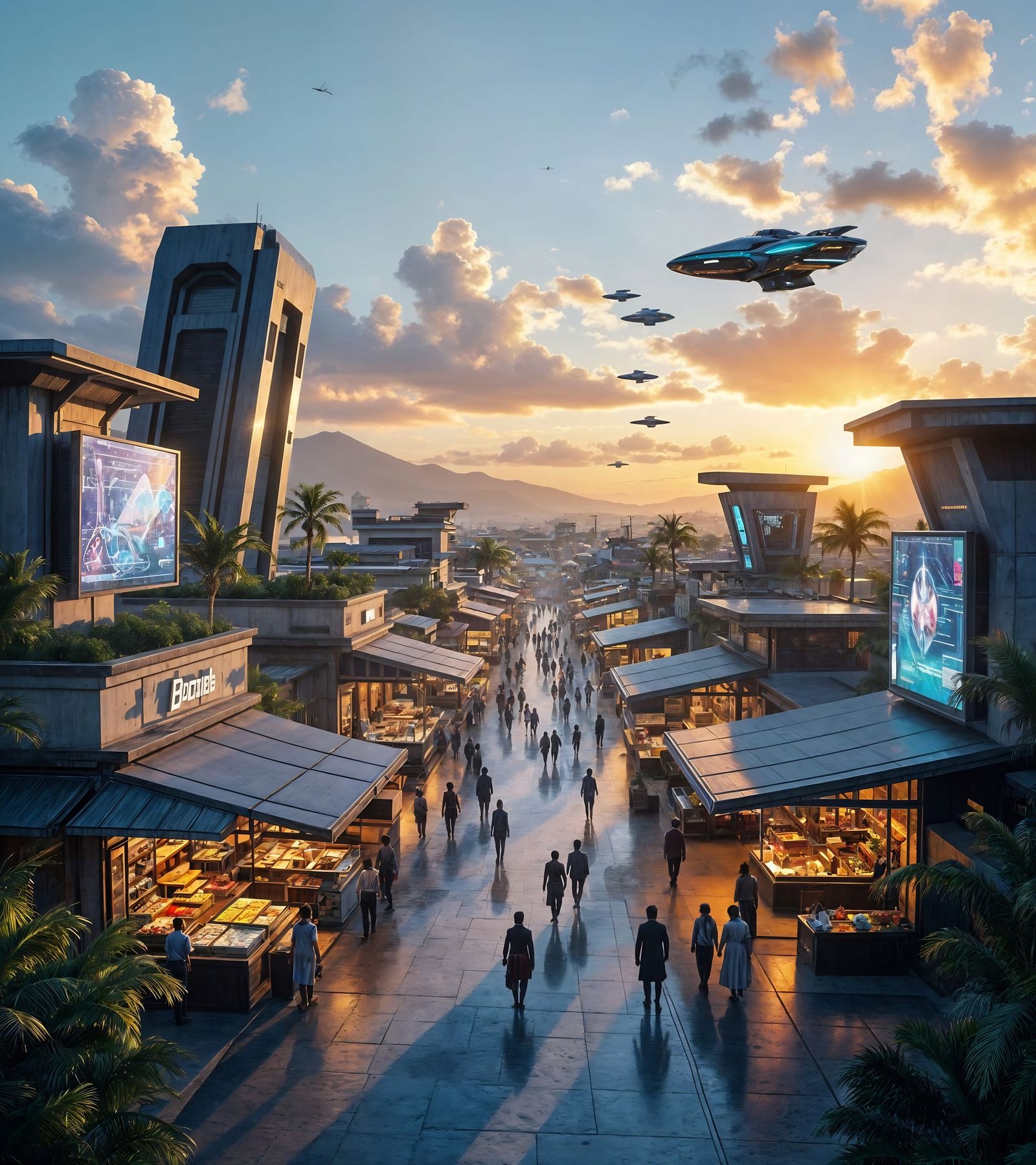 Futuristic Belize Marketplace: Digital Matte Painting in 8k