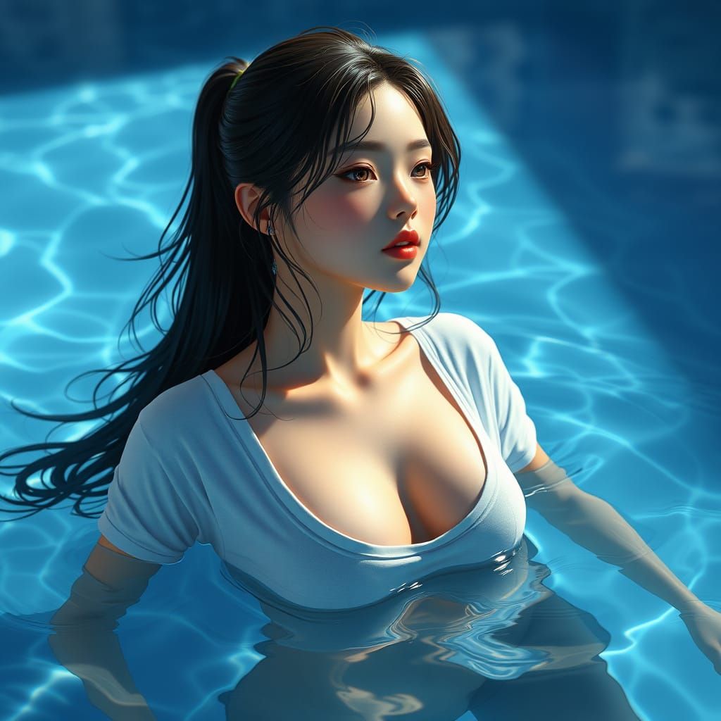 Ethereal Beauty Rises from Tranquil Waters in 3D Anime Style