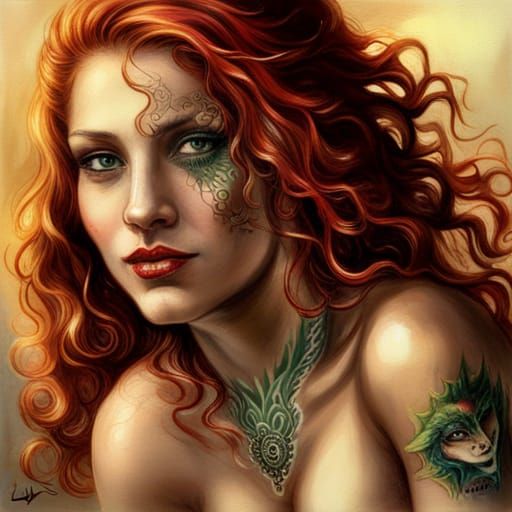 Gypsy Girl Portrait with Dragon Tattoo, Detailed Art