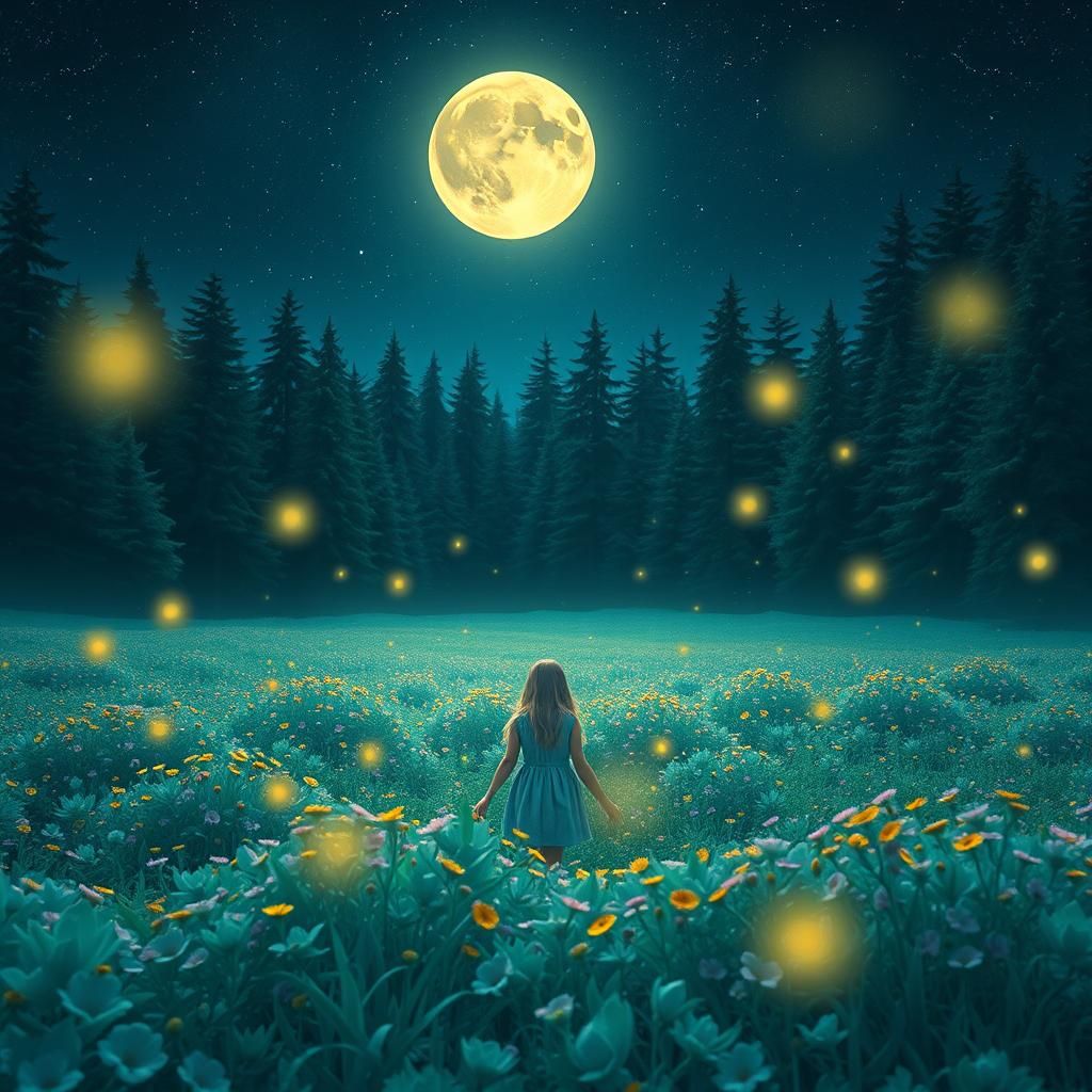 Girl in Teal Field Under Moon, Digital Art