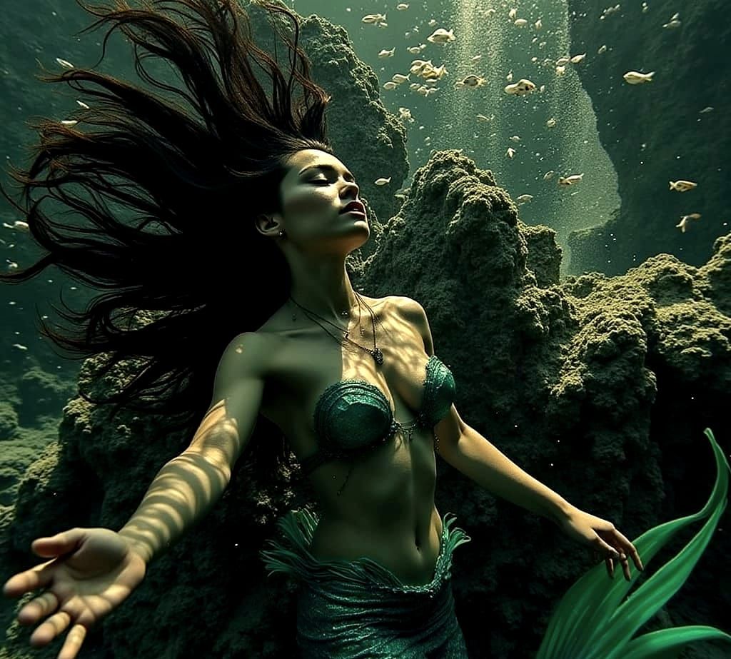 Mermaid Swims Through Tropical Atlantis Ruins