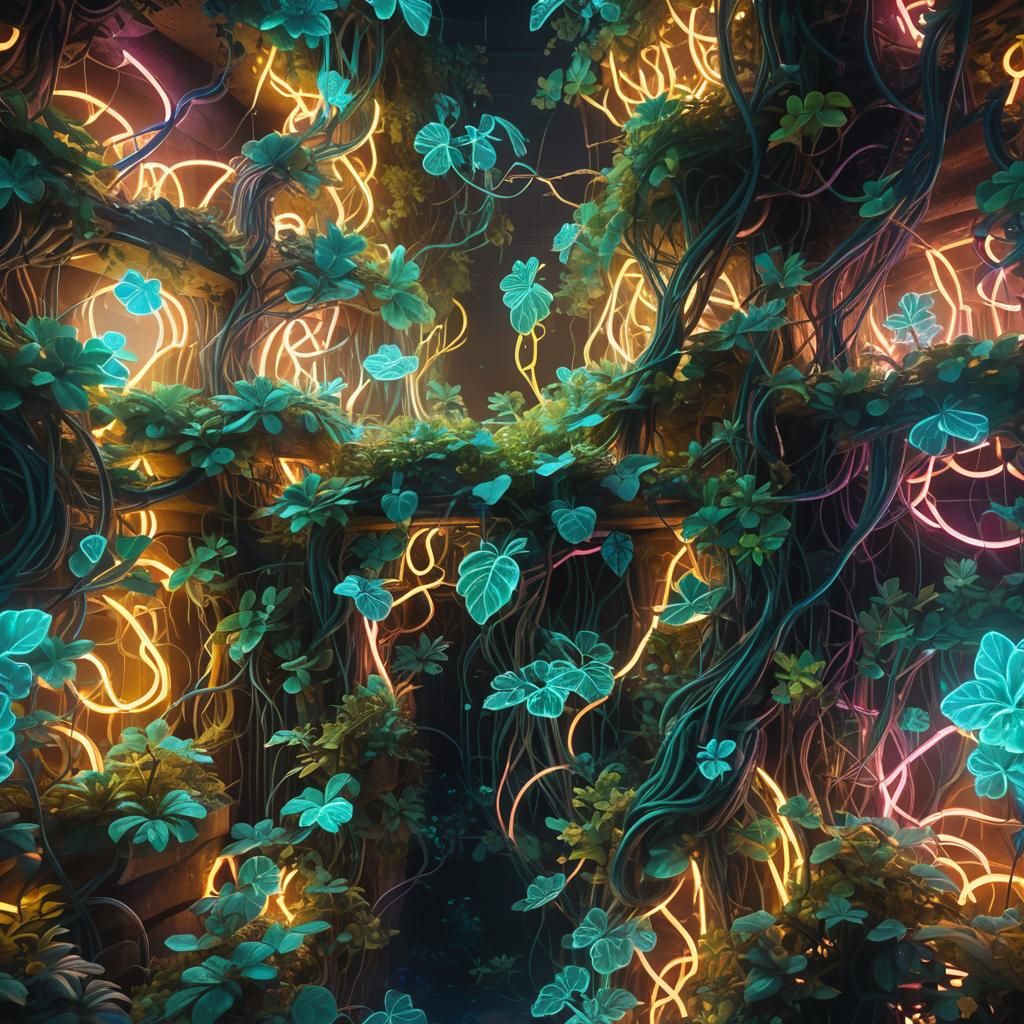 Bioluminescent Maze of Glowing Plants in Neon Colors